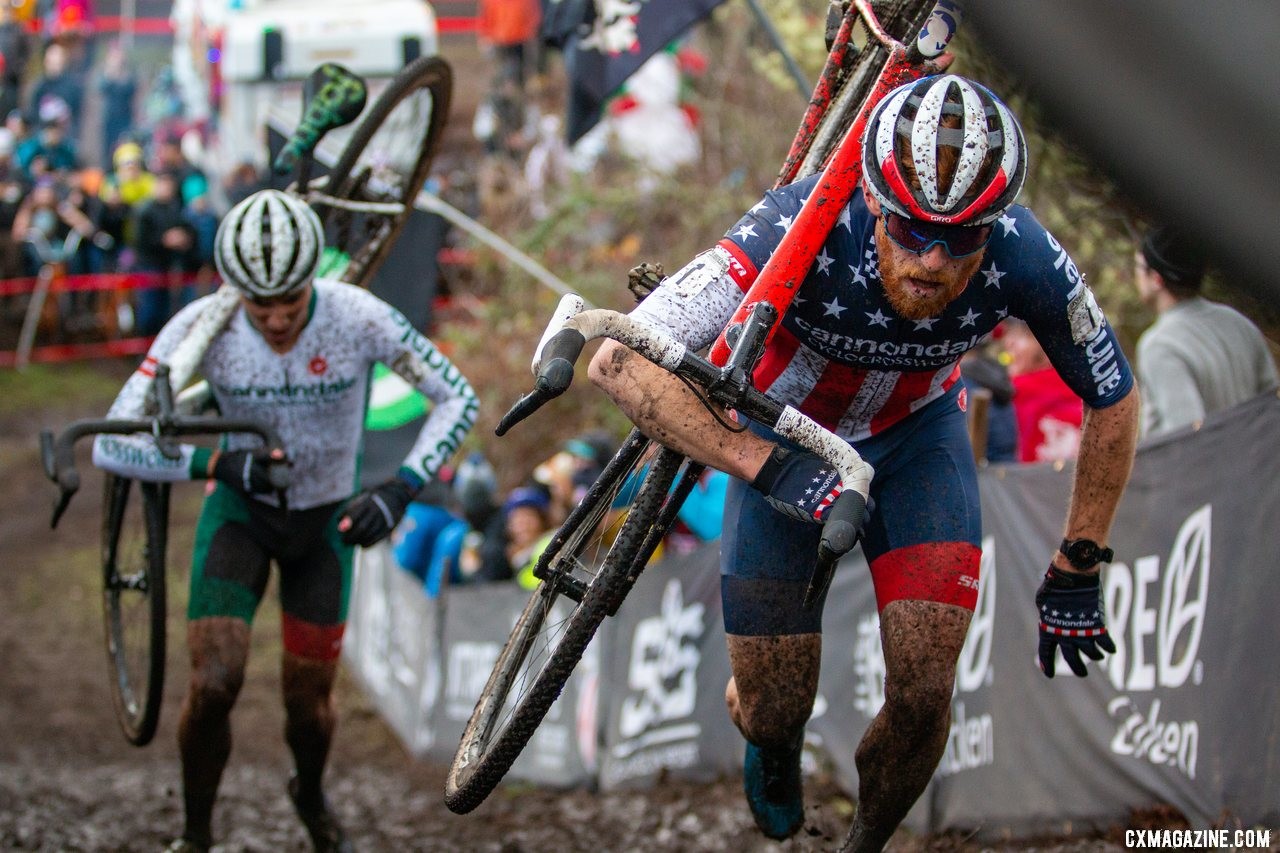 Stephen Hyde leads Curtis White as the two chase leader Gage Hecht. Elite Men. 2019 Cyclocross National Championships, Lakewood, WA. © A. Yee / Cyclocross Magazine