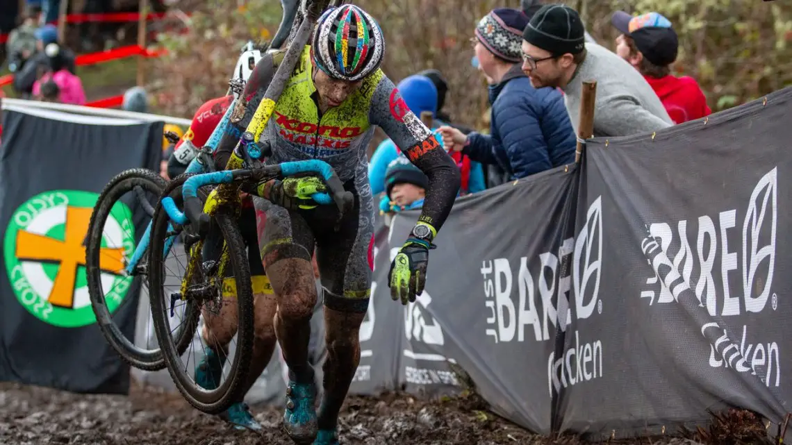 Kerry Werner makes his way up a steep, muddy run-up. Elite Men. 2019 Cyclocross National Championships, Lakewood, WA. © A. Yee / Cyclocross Magazine