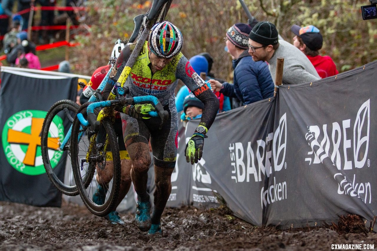 Kerry Werner makes his way up a steep, muddy run-up. Elite Men. 2019 Cyclocross National Championships, Lakewood, WA. © A. Yee / Cyclocross Magazine