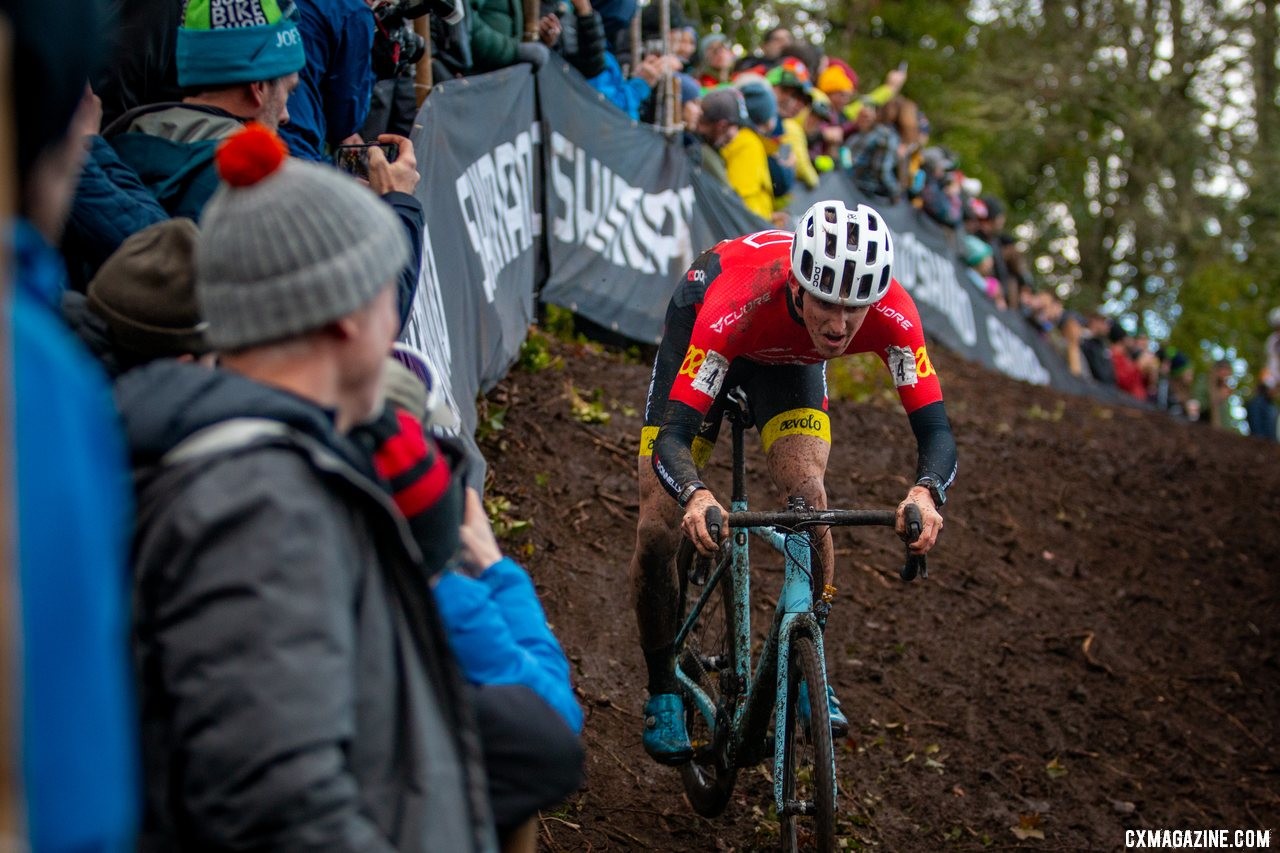 Gage Hecht drops off the off camber UCI drop. Elite Men. 2019 Cyclocross National Championships, Lakewood, WA. © A. Yee / Cyclocross Magazine