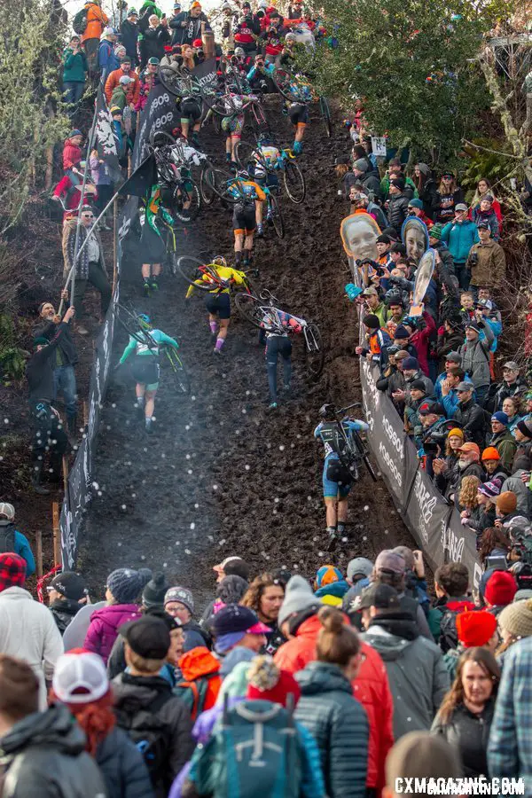 The Elite Women's field charges up the second run-up early in Sunday's race. Elite Women. 2019 Cyclocross National Championships, Lakewood, WA. © A. Yee / Cyclocross Magazine