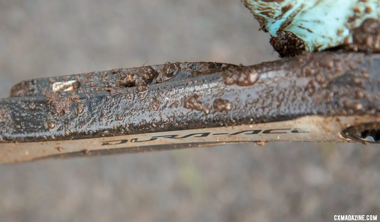 Hecht ran an older model Dura-Ace R9000 left crank arm with a Stages power meter attached. Gage Hecht's Elite Men's winning Donnelly C//C cyclocross bike. 2019 USA Cycling Cyclocross National Championships bike profiles, Lakewood, WA. © A. Yee / Cyclocross Magazine