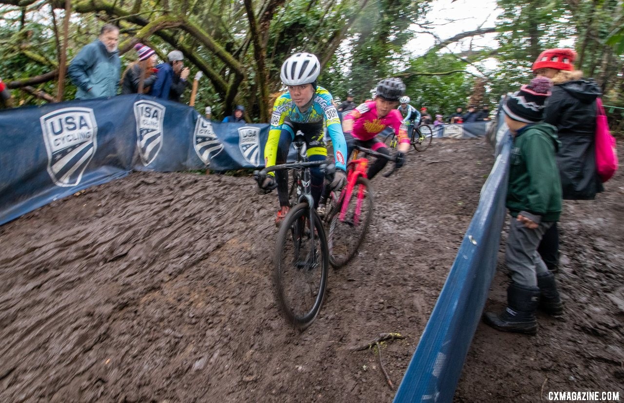 Isaiha Culbreath survives a close call in a tangle with Rowan Child down the Disco-drop descent in the first lap. Junior Men 11-12. 2019 Cyclocross National Championships, Lakewood, WA. © A. Yee / Cyclocross Magazine
