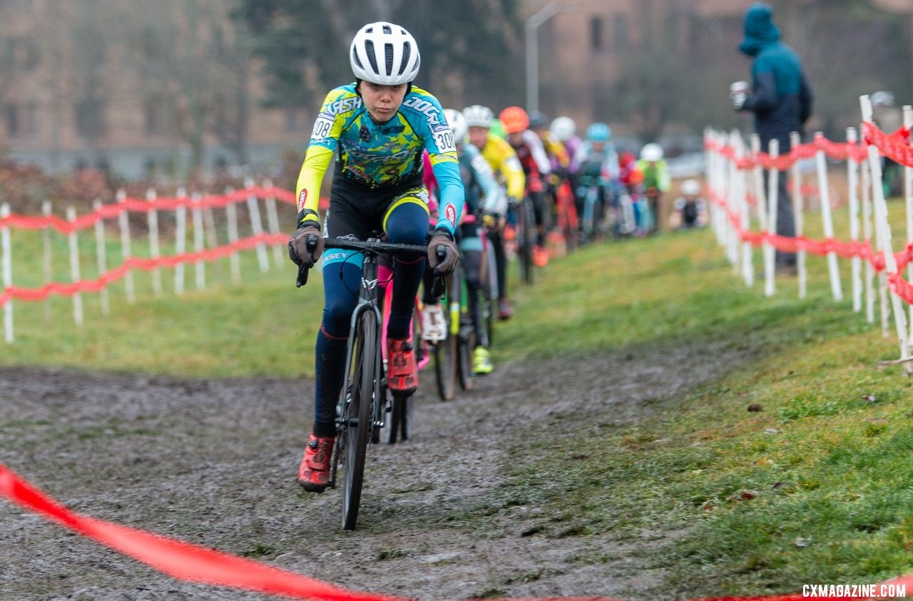 Rowan Child has the entire field on his wheel shortly after the start of the race. Junior Men 11-12. 2019 Cyclocross National Championships, Lakewood, WA. © A. Yee / Cyclocross Magazine