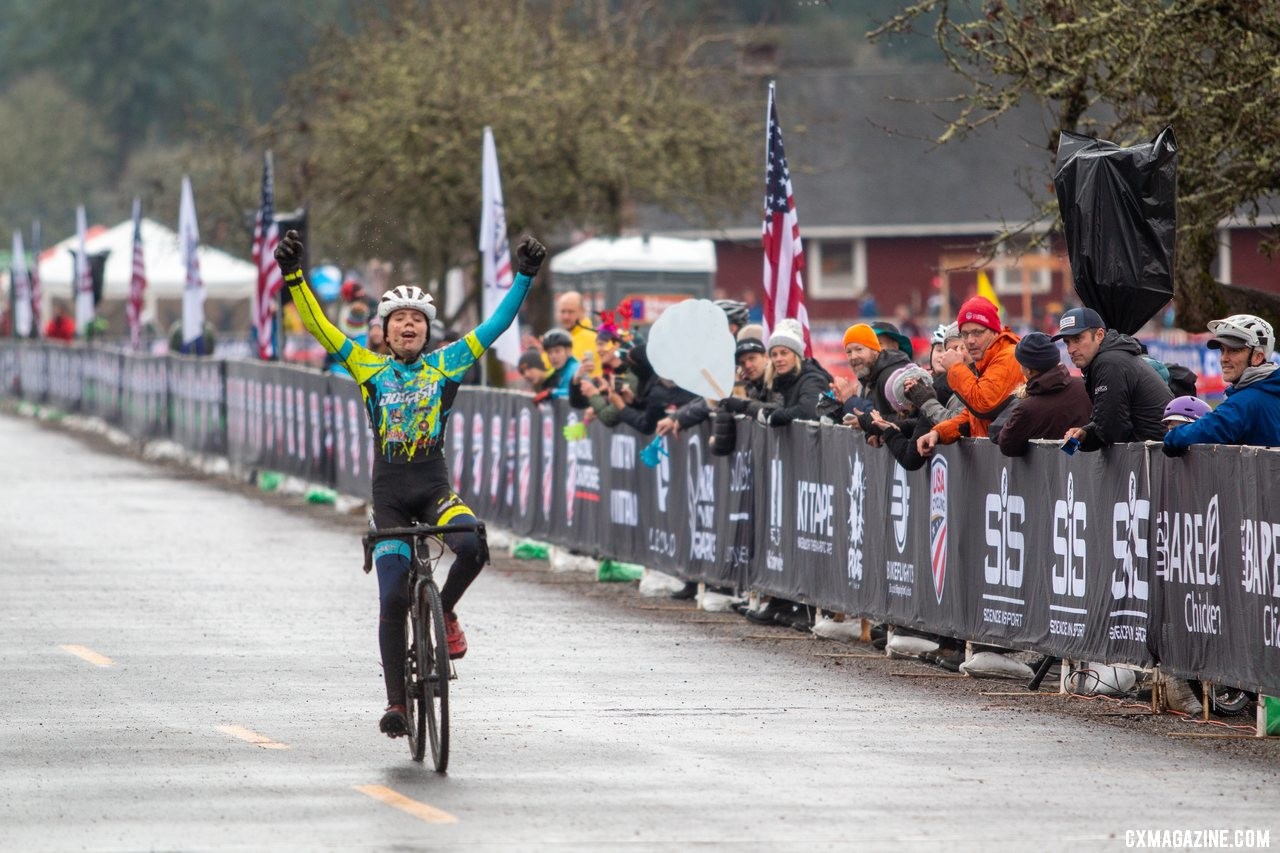 Rowan Child celebrates his win as he crosses the line in the Junior Men 11-12 race. 2019 Cyclocross National Championships, Lakewood, WA. © A. Yee / Cyclocross Magazine