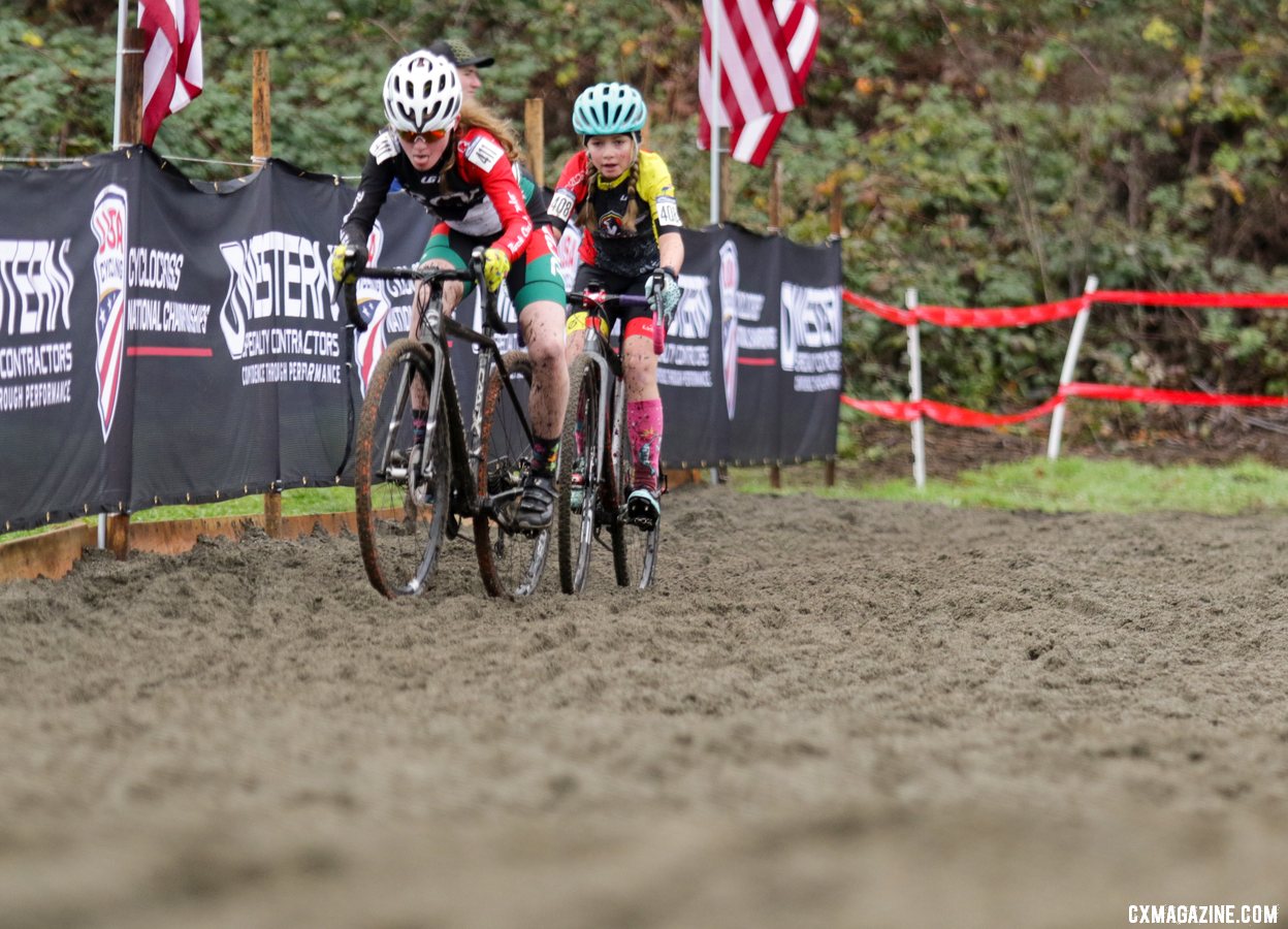 Lily Edwards and Alexandria Beard fought for the bronze medal for most of the race. Junior Women 11-12. 2019 Cyclocross National Championships, Lakewood, WA. © D. Mable / Cyclocross Magazine