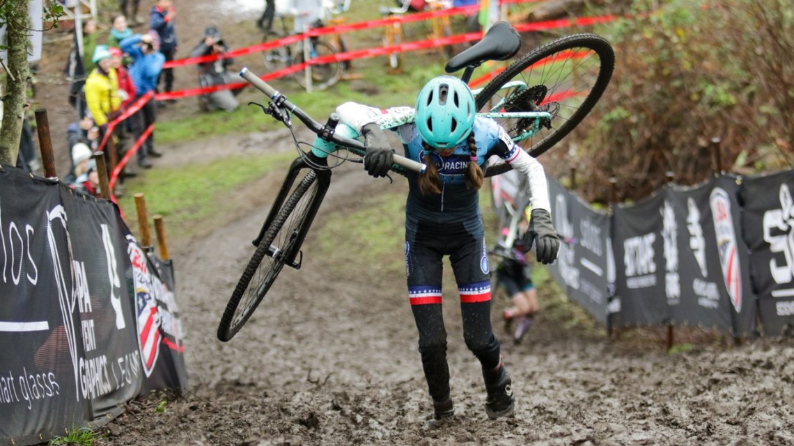 Keaghlan Robinson hits the bottom of the climb as Kira Mullins nears the top. Junior Women 11-12. 2019 Cyclocross National Championships, Lakewood, WA. © D. Mable / Cyclocross Magazine