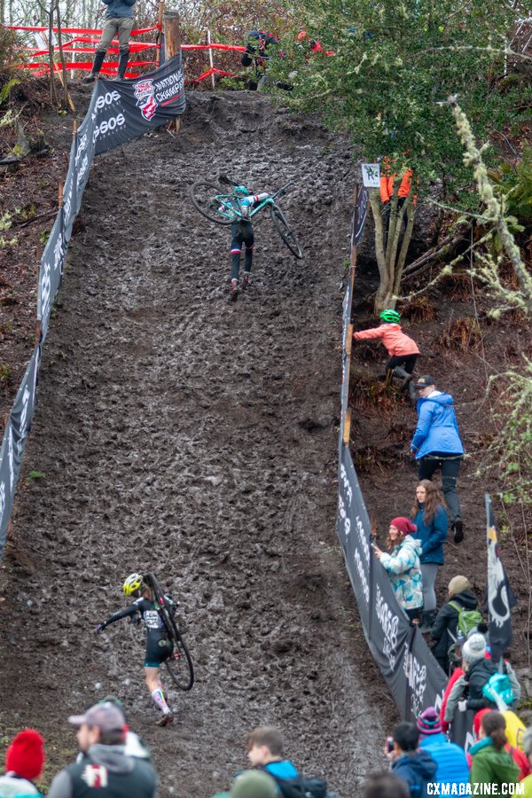 Kira Mullens and Keaghlan Robinson are cheered on as they work their way up the final climb. Junior Women 11-12. 2019 Cyclocross National Championships, Lakewood, WA. © A. Yee / Cyclocross Magazine
