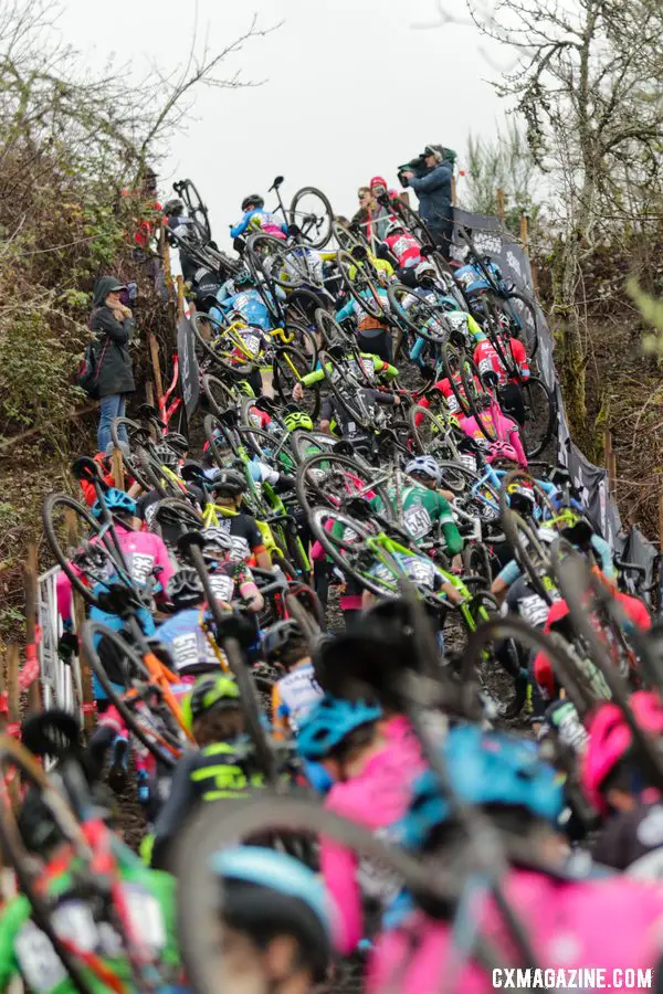 There's beauty in the color of kits, helmets and wheels. Junior Men 15-16. 2019 Cyclocross National Championships, Lakewood, WA. © D. Mable / Cyclocross Magazine