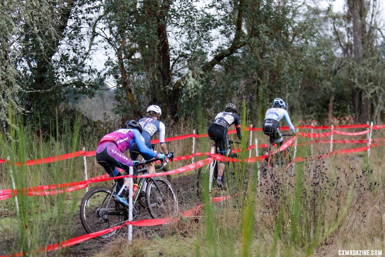 A group of four makes their way to the top of old apple orchard at the top of the course on lap one. Junior Men 15-16. 2019 Cyclocross National Championships, Lakewood, WA. © D. Mable / Cyclocross Magazine