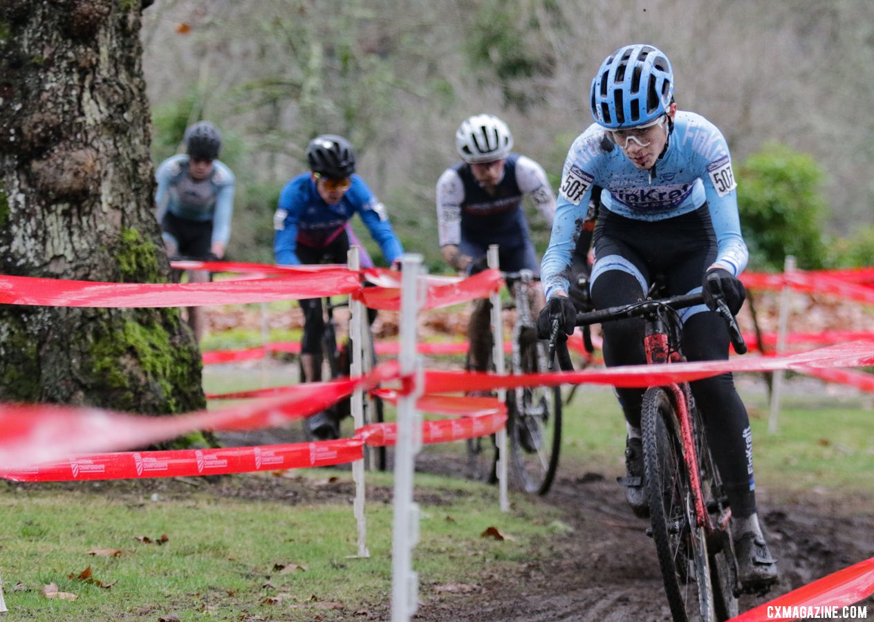 Frank O'Reilly Jr. drives the lead group through the trees. Junior Men 15-16. 2019 Cyclocross National Championships, Lakewood, WA. © D. Mable / Cyclocross Magazine