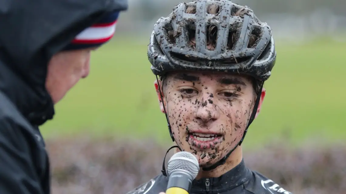 Jack Spranger talks with Dave Towle for the USA Cycling Livestream after winning the Junior Men 15-16 race. Junior Men 15-16. 2019 Cyclocross National Championships, Lakewood, WA. © D. Mable / Cyclocross Magazine