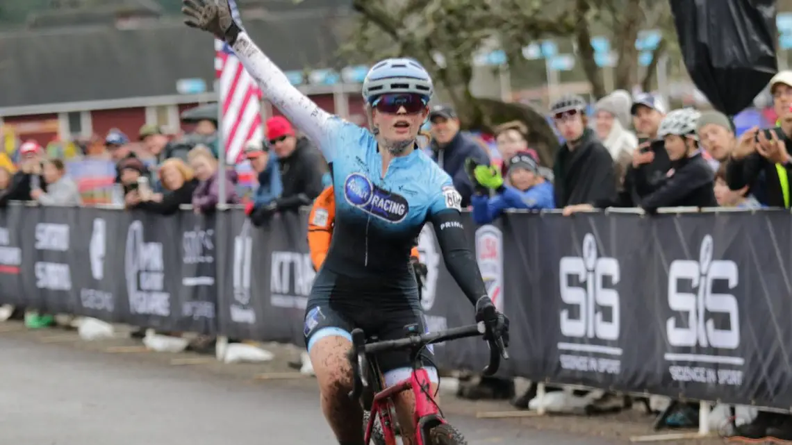 Mia Aseltine was able to celebrate her sprint win at the end of the race. Junior Women 15-16. 2019 Cyclocross National Championships, Lakewood, WA. © D. Mable / Cyclocross Magazine