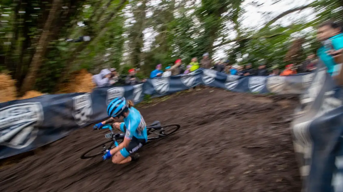 Caught in action! Katherine Sarkisov takes a spill on the steep, rutted downhill. Junior Women 15-16. 2019 Cyclocross National Championships, Lakewood, WA. © A. Yee / Cyclocross Magazine