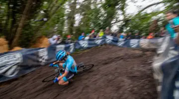 Caught in action! Katherine Sarkisov takes a spill on the steep, rutted downhill. Junior Women 15-16. 2019 Cyclocross National Championships, Lakewood, WA. © A. Yee / Cyclocross Magazine