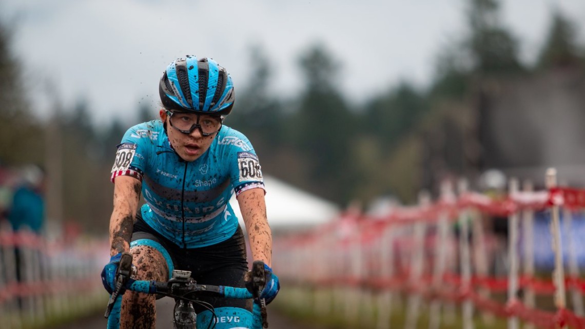 Katherine Sarkisov challenged for the lead throughout the race, eventually finishing with the bronze medal. Junior Women 15-16. 2019 Cyclocross National Championships, Lakewood, WA. © A. Yee / Cyclocross Magazine