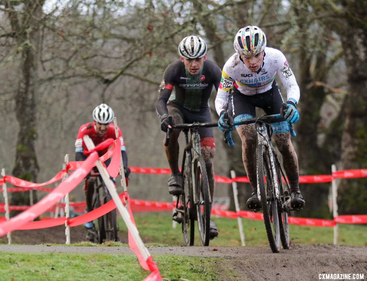 The top three riders battle for position. Junior 17-18 Men. 2019 Cyclocross National Championships, Lakewood, WA. © A. Yee / Cyclocross Magazine