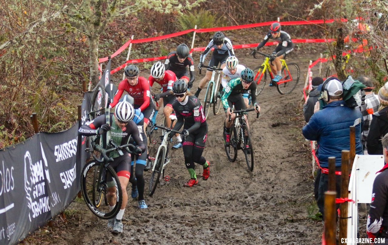 Magnus Sheffield leads the field up the first climb. Junior 17-18 Men. 2019 Cyclocross National Championships, Lakewood, WA. © D. Mable / Cyclocross Magazine