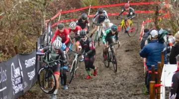 Magnus Sheffield leads the field up the first climb. Junior 17-18 Men. 2019 Cyclocross National Championships, Lakewood, WA. © D. Mable / Cyclocross Magazine