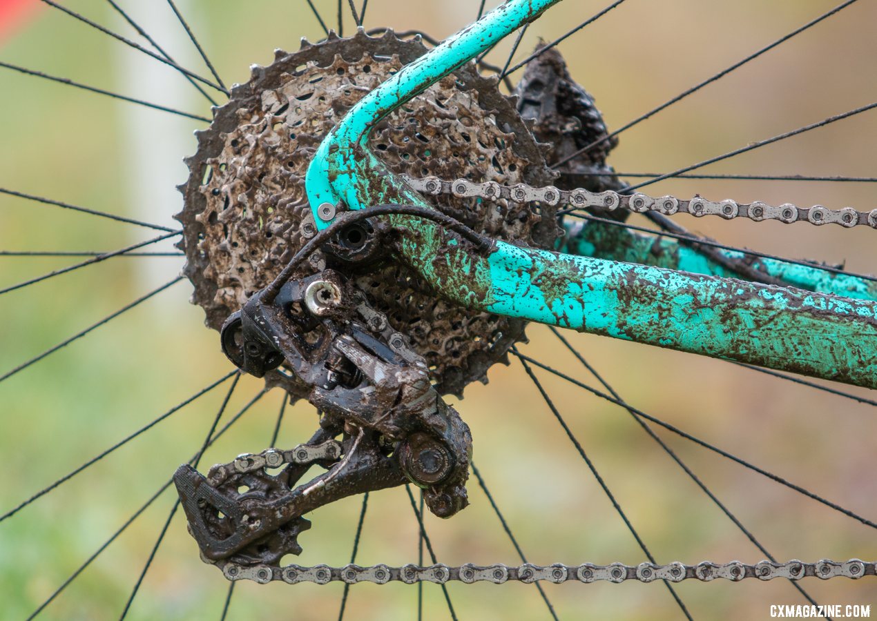 Mullins used a Shimano XT 11-42t cassette on her SRAM 11 speed drivetrain. Kira Mullins' Junior Women 11-12 wiining bike. 2019 USA Cycling Cyclocross National Championships bike profiles, Lakewood, WA. © A. Yee / Cyclocross Magazine