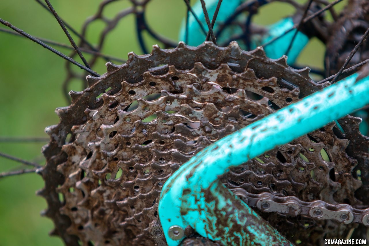 Shimano XT cassettes use aluminum to produce the largest cogs in an effort to save weight. Kira Mullins' Junior Women 11-12 wiining bike. 2019 USA Cycling Cyclocross National Championships bike profiles, Lakewood, WA. © A. Yee / Cyclocross Magazine