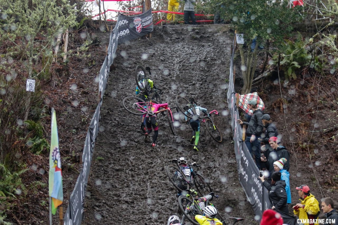 As if the rain wasn't enough, the Hodala crew had to make some snow, you'd almost say it was like 'snain. Junior Men 11-12. 2019 Cyclocross National Championships, Lakewood, WA. © D. Mable / Cyclocross Magazine