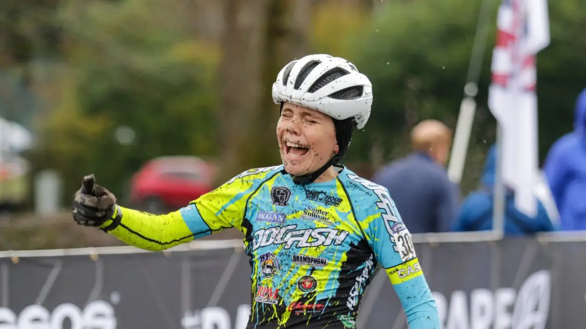 Yeah! Rowan Child celebrates his National Championship Victory. Junior Men 11-12. 2019 Cyclocross National Championships, Lakewood, WA. © D. Mable / Cyclocross Magazine