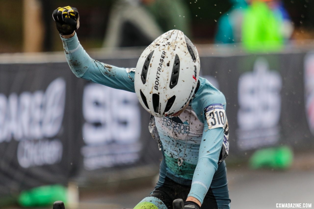 Bjorn Blankenship pumps his fist as he crosses the line, earning a bronze medal. Junior Men 11-12. 2019 Cyclocross National Championships, Lakewood, WA. © D. Mable / Cyclocross Magazine