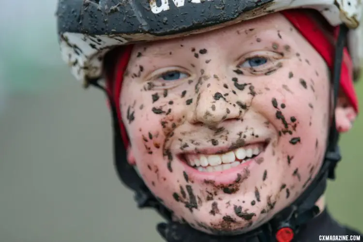 Kian Reid is all smiles after taking the silver in a muddy race. Junior Men 11-12. 2019 Cyclocross National Championships, Lakewood, WA. © D. Mable / Cyclocross Magazine