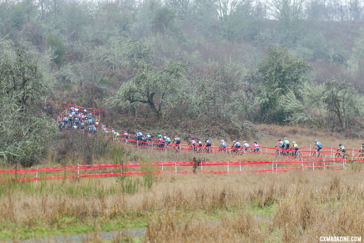 The large field of 62 riders heads for the base of the first climb. Junior Men 13-14. 2019 Cyclocross National Championships, Lakewood, WA. © D. Mable / Cyclocross Magazine