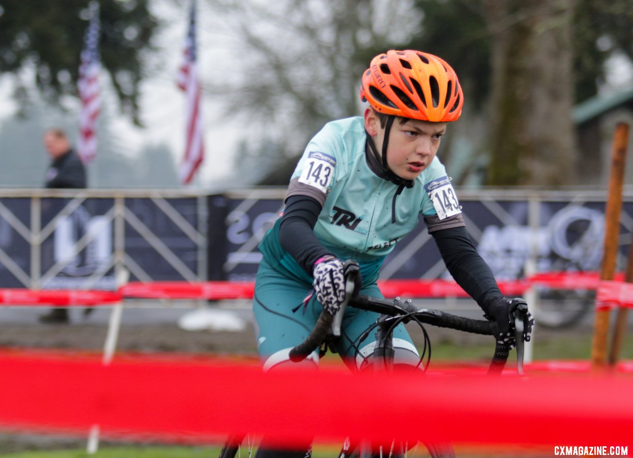 Jack Hampson concentrates as he readies to tackle one of the steep flyovers. Junior Men 13-14. 2019 Cyclocross National Championships, Lakewood, WA. © D. Mable / Cyclocross Magazine