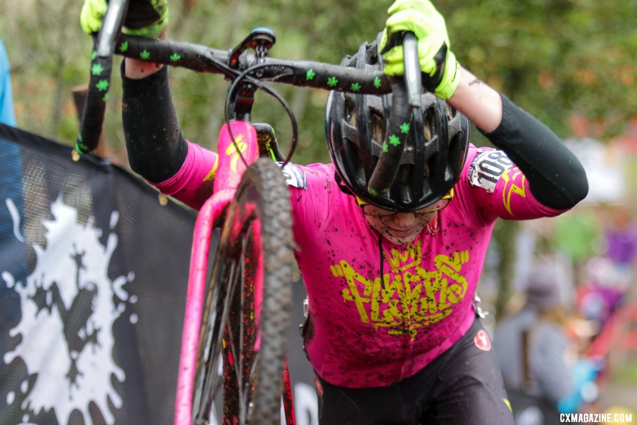 Ryan Drummond shows the steepness of the second run-up. Junior Men 13-14. 2019 Cyclocross National Championships, Lakewood, WA. © D. Mable / Cyclocross Magazine