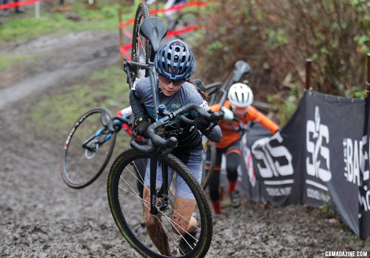 Vida Lopez De San Roman is chases by Dahilia Kissel and Haydn Hludzinski as she climbs the second run-up. Junior Women 13-14. 2019 Cyclocross National Championships, Lakewood, WA. © D. Mable / Cyclocross Magazine