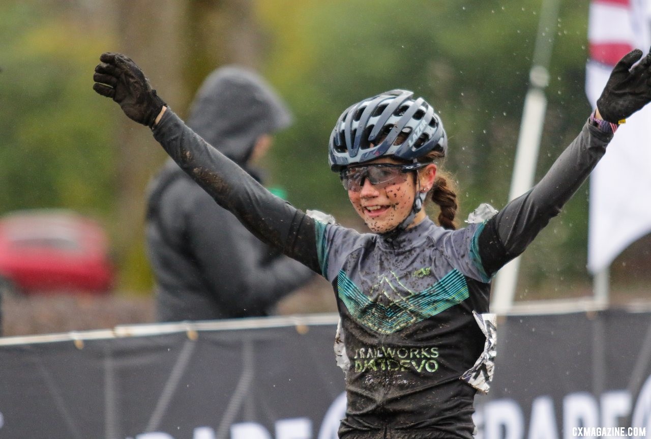 Vida Lopez De San Roman celebrates her new title of National Champion. Junior Women 13-14. 2019 Cyclocross National Championships, Lakewood, WA. © D. Mable / Cyclocross Magazine