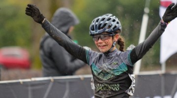 Vida Lopez De San Roman celebrates her new title of National Champion. Junior Women 13-14. 2019 Cyclocross National Championships, Lakewood, WA. © D. Mable / Cyclocross Magazine