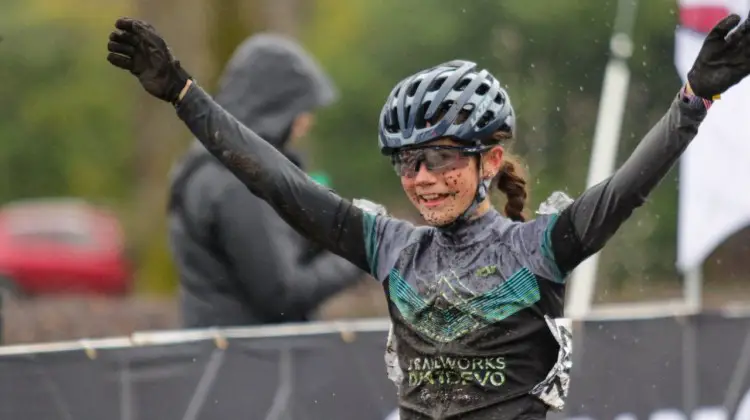 Vida Lopez De San Roman celebrates her new title of National Champion. Junior Women 13-14. 2019 Cyclocross National Championships, Lakewood, WA. © D. Mable / Cyclocross Magazine