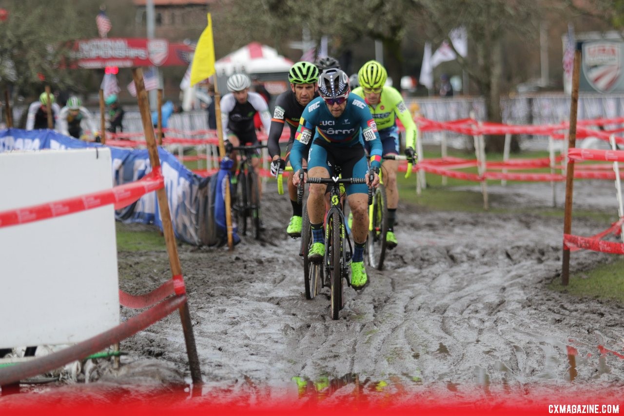 Jake Wells leads the field of Masters past pit-one on the first lap. Masters Men 40-44. 2019 Cyclocross National Championships, Lakewood, WA. © D. Mable / Cyclocross Magazine