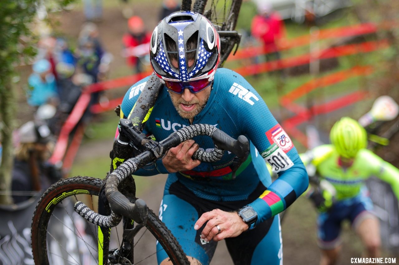Jake Wells tries to shake Molly Cameron up a steep climb. Masters Men 40-44. 2019 Cyclocross National Championships, Lakewood, WA. © D. Mable / Cyclocross Magazine