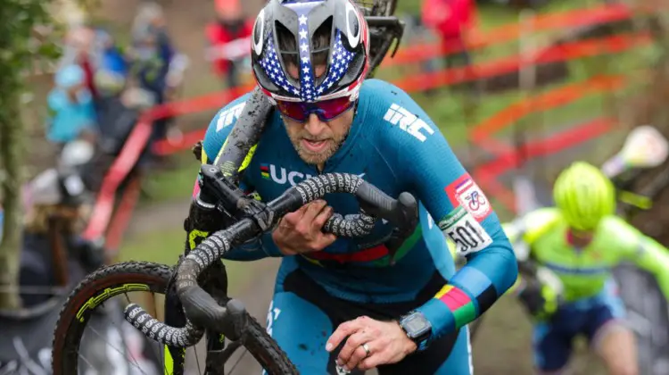 Jake Wells tries to shake Molly Cameron up a steep climb. Masters Men 40-44. 2019 Cyclocross National Championships, Lakewood, WA. © D. Mable / Cyclocross Magazine