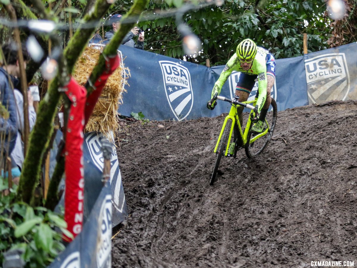 Molly Cameron navigates down the slippery bobsled run downhill. Masters Men 40-44. 2019 Cyclocross National Championships, Lakewood, WA. © D. Mable / Cyclocross Magazine