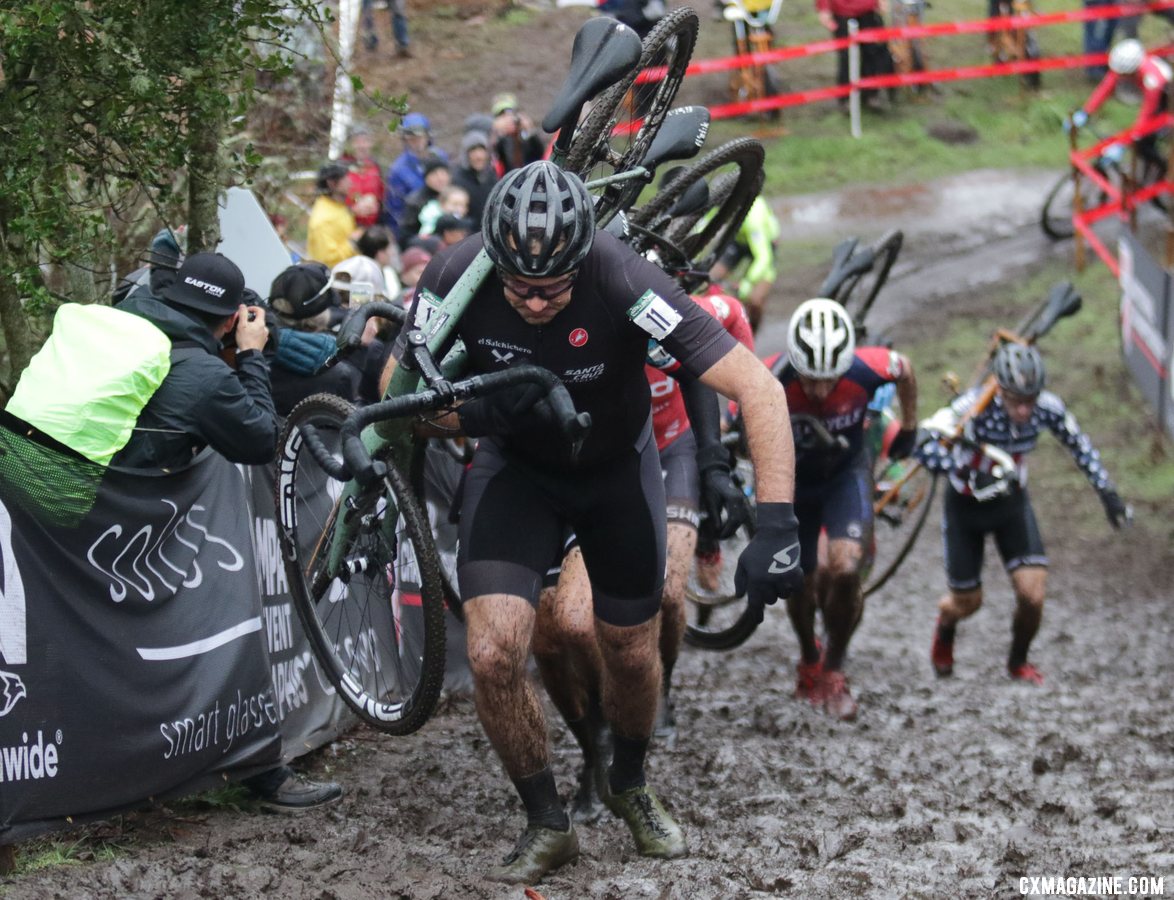 Justin Robinson was the race's fast starter and led up the second run-up in the first lap. Masters Men 45-49. 2019 Cyclocross National Championships, Lakewood, WA. © D. Mable / Cyclocross Magazine