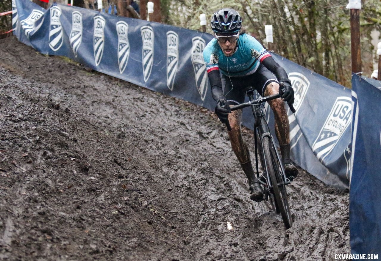 Jonathon Baker gives it his all down the chicane downhill. Masters Men 45-49. 2019 Cyclocross National Championships, Lakewood, WA. © D. Mable / Cyclocross Magazine