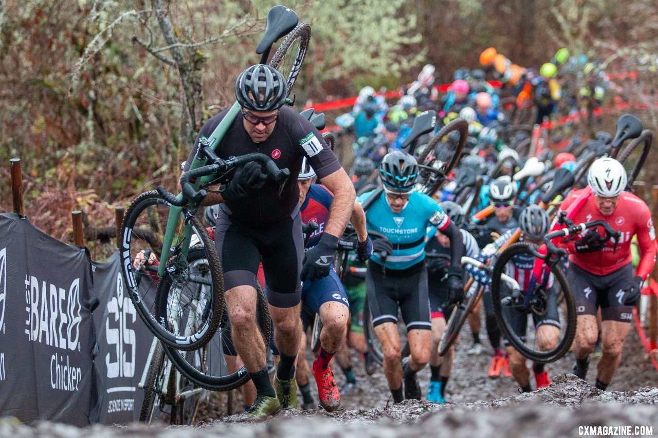 Justin Robinson got the holeshot and kept it up the first run-up. Masters Men 45-49. 2019 Cyclocross National Championships, Lakewood, WA. © A. Yee / Cyclocross Magazine