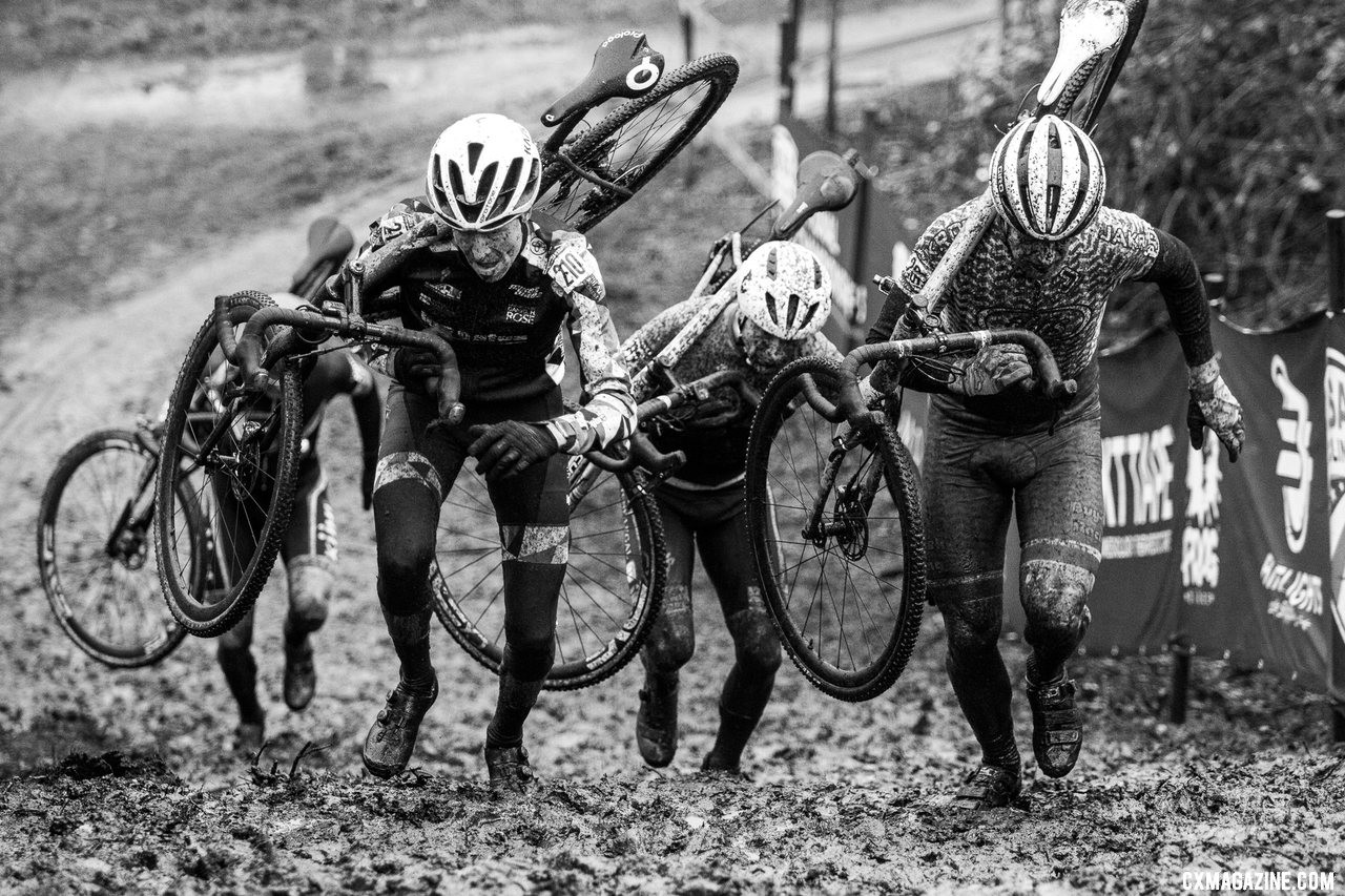 Myrah passed Peck the second time up the second run-up and never looked back. Masters 50-54. 2019 Cyclocross National Championships, Lakewood, WA. © A. Yee / Cyclocross Magazine