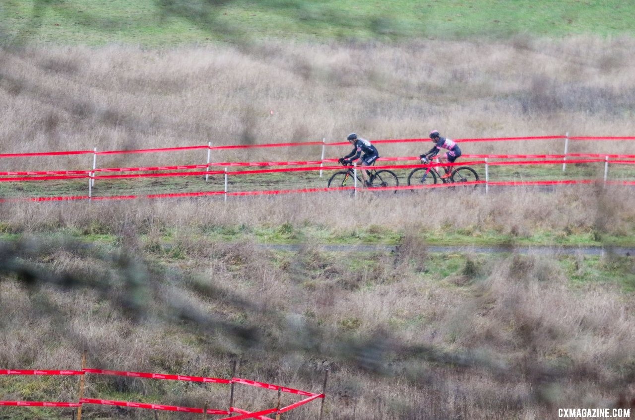 Andy August leads Todd Cassan into the final lap of their rainy battle. Masters Men 55-59. 2019 Cyclocross National Championships, Lakewood, WA. © D. Mable / Cyclocross Magazine