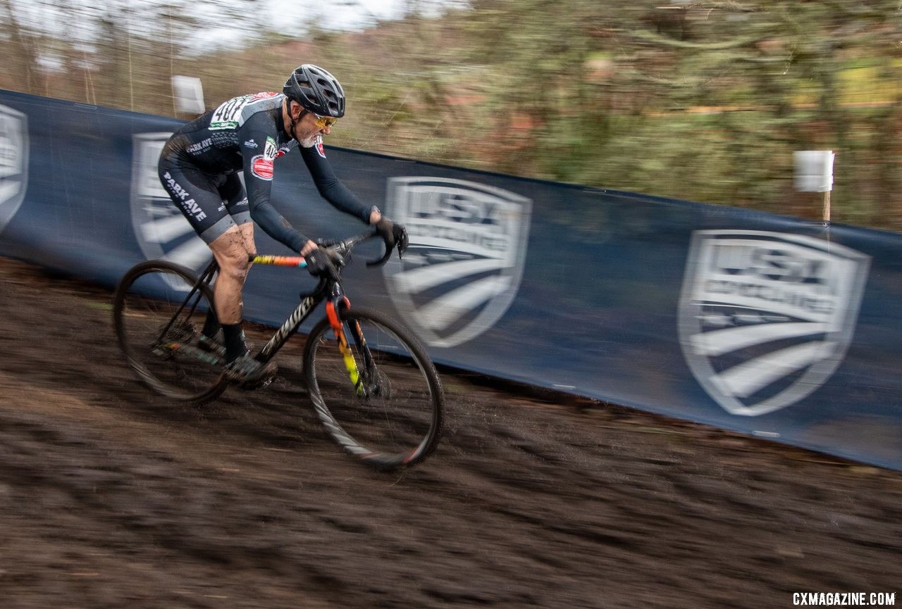 Andy August charges hard down the chicane downhill. Masters Men 55-59. 2019 Cyclocross National Championships, Lakewood, WA. © A. Yee / Cyclocross Magazine