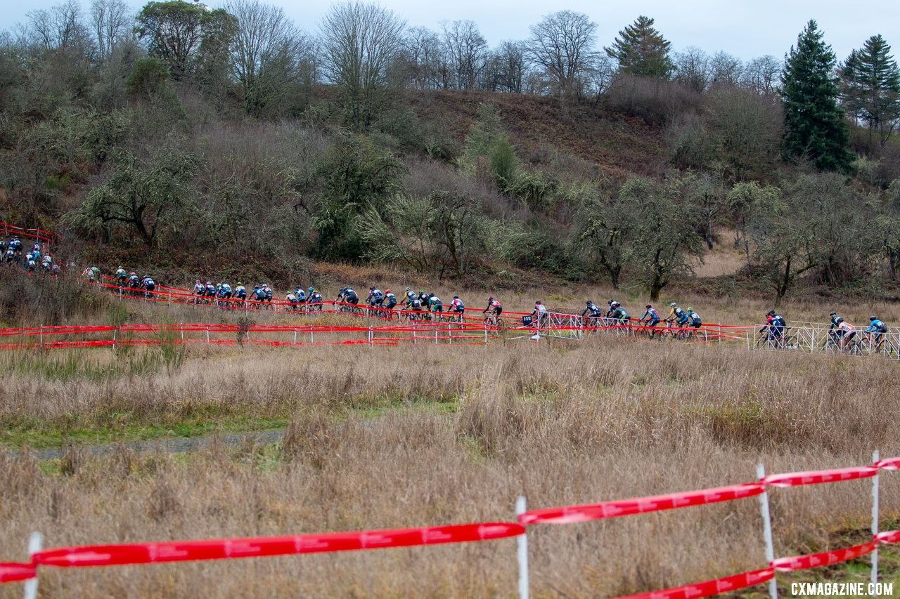 A long line of riders winds up toward the first climb. Masters Men 55-59. 2019 Cyclocross National Championships, Lakewood, WA. © A. Yee / Cyclocross Magazine