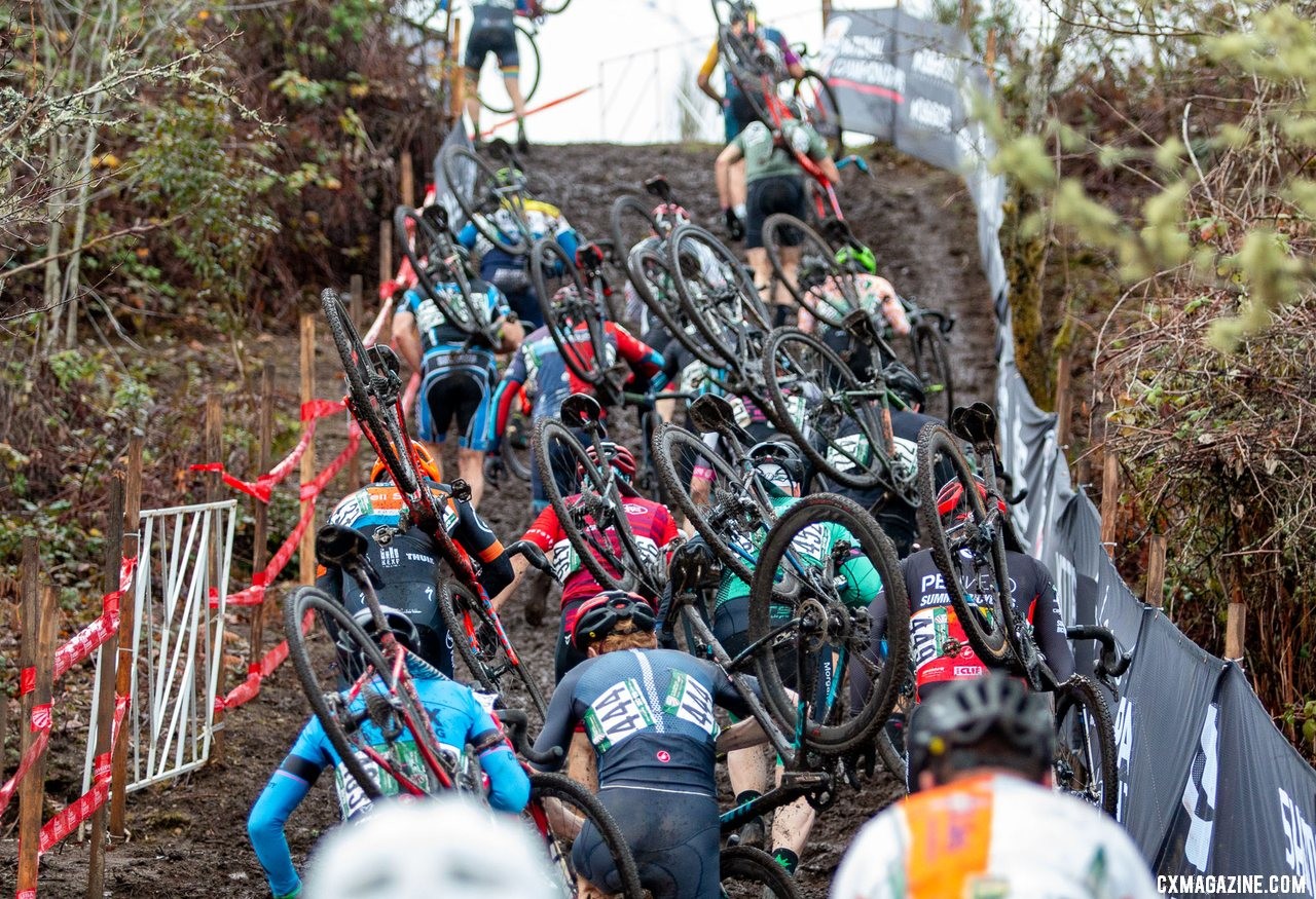 A crowded Masters 55-59 field charges up the first climb. Masters Men 55-59. 2019 Cyclocross National Championships, Lakewood, WA. © A. Yee / Cyclocross Magazine