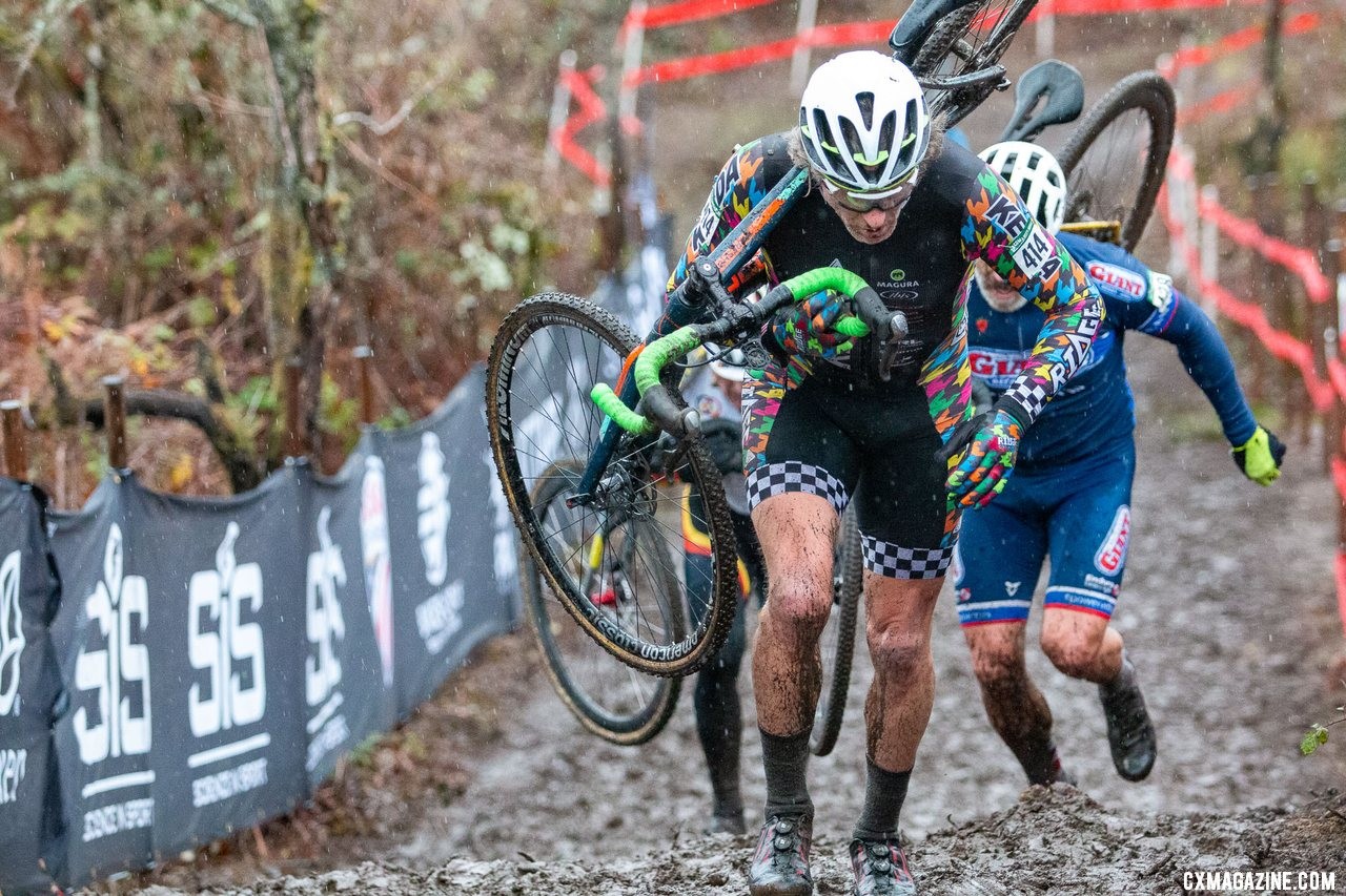 Doug Graver runs up the steep climb at the front of the course. Masters Men 55-59. 2019 Cyclocross National Championships, Lakewood, WA. © A. Yee / Cyclocross Magazine