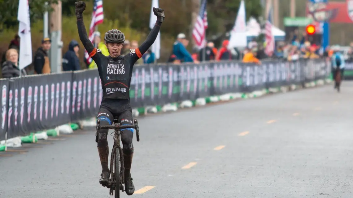 Jack Spranger celebrates his comeback win. Junior Men 15-16. 2019 Cyclocross National Championships, Lakewood, WA. © A. Yee / Cyclocross Magazine